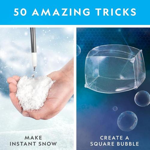 Exciting science experiments from the National Geographic Science Magic Kit: create instant snow and form a square bubble.